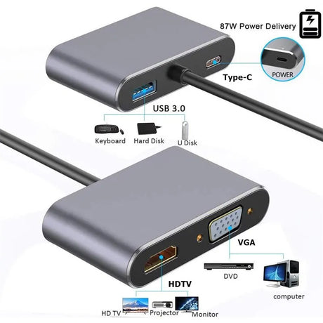 USB C Hub 4 in 1 Type C 3.0 Adapter to 4K HDMI VGA PD Fast Charge Splitter Docking Station Hub for Phone MacBook Laptop Computer - V.I.P Digital Presence