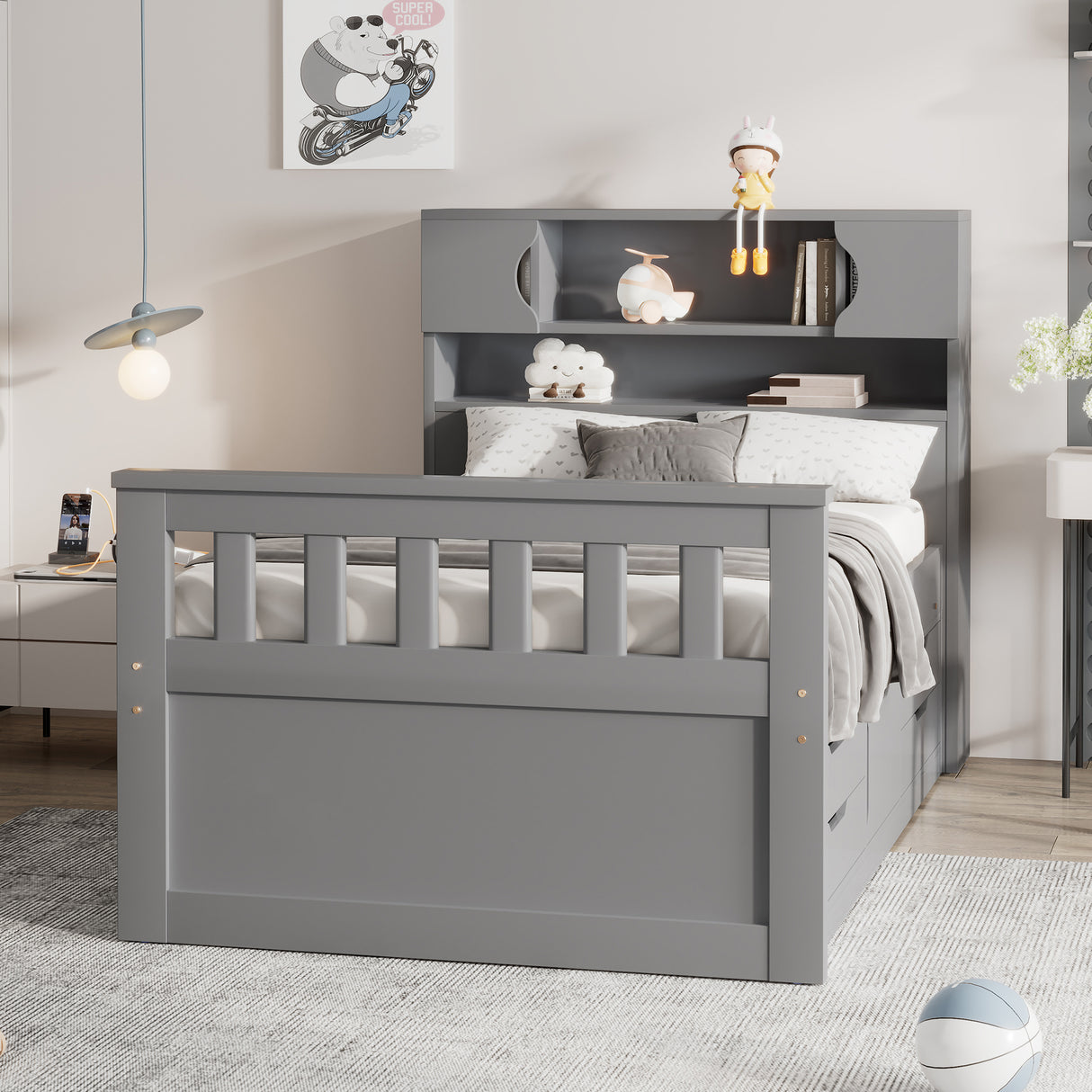Twin Size Captain Platform Bed Frame with Storage Bookcases and Shelves,Four Drawers, Gray - V.I.P Digital Presence