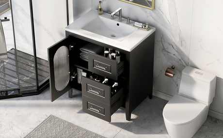 30" Bathroom Vanity with Sink, Bathroom Vanity Cabinet with Two Drawers and Door, Adjustable Shelf, Solid Wood and MDF, Black - V.I.P Digital Presence