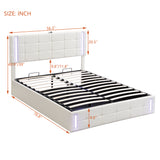 Full Size Upholstered Bed with LED Lights,Hydraulic Storage System and USB Charging Station,White