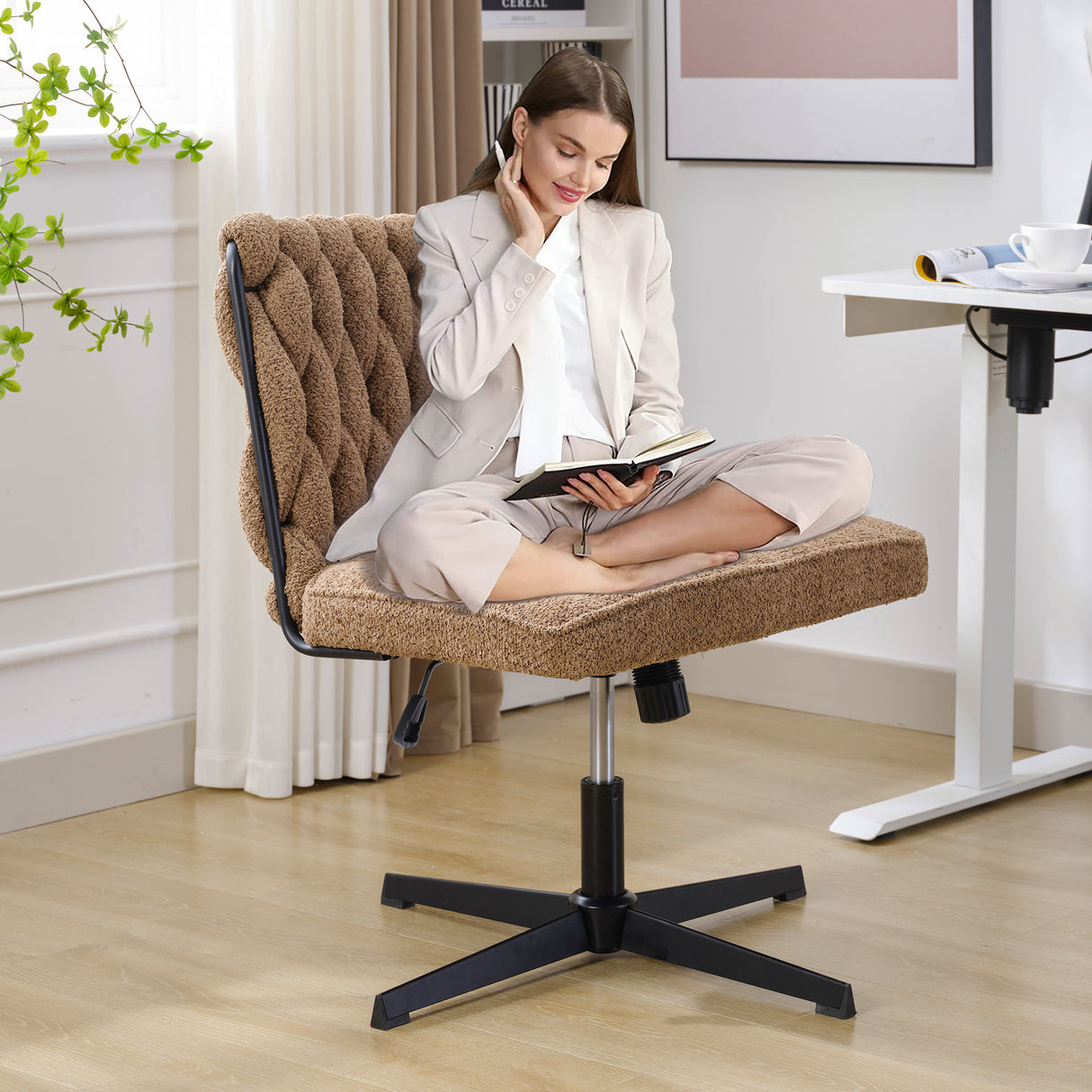 Armless Office Desk Chair No Wheels BROWN