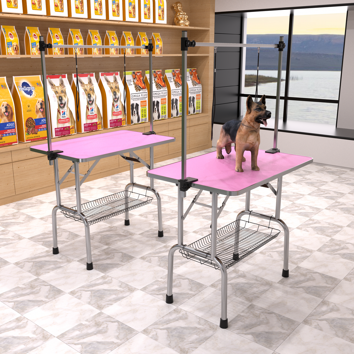 36 inch folding pet grooming table with stainless steel frame and rubber pad, equipped with adjustable armrests and clips (pink) - V.I.P Digital Presence