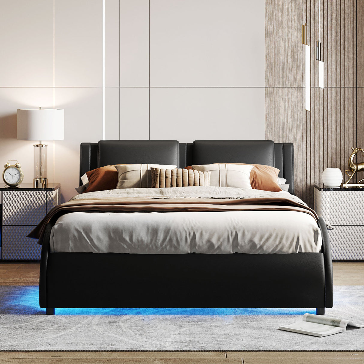Queen Size Upholstered Faux Leather Platform Bed with LED Light Bed Frame with Slatted - Black - V.I.P Digital Presence