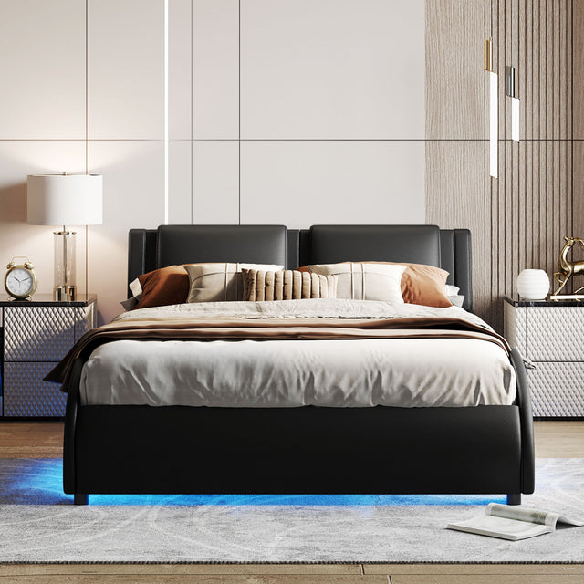 Queen Size Upholstered Faux Leather Platform Bed with LED Light Bed Frame with Slatted - Black - V.I.P Digital Presence