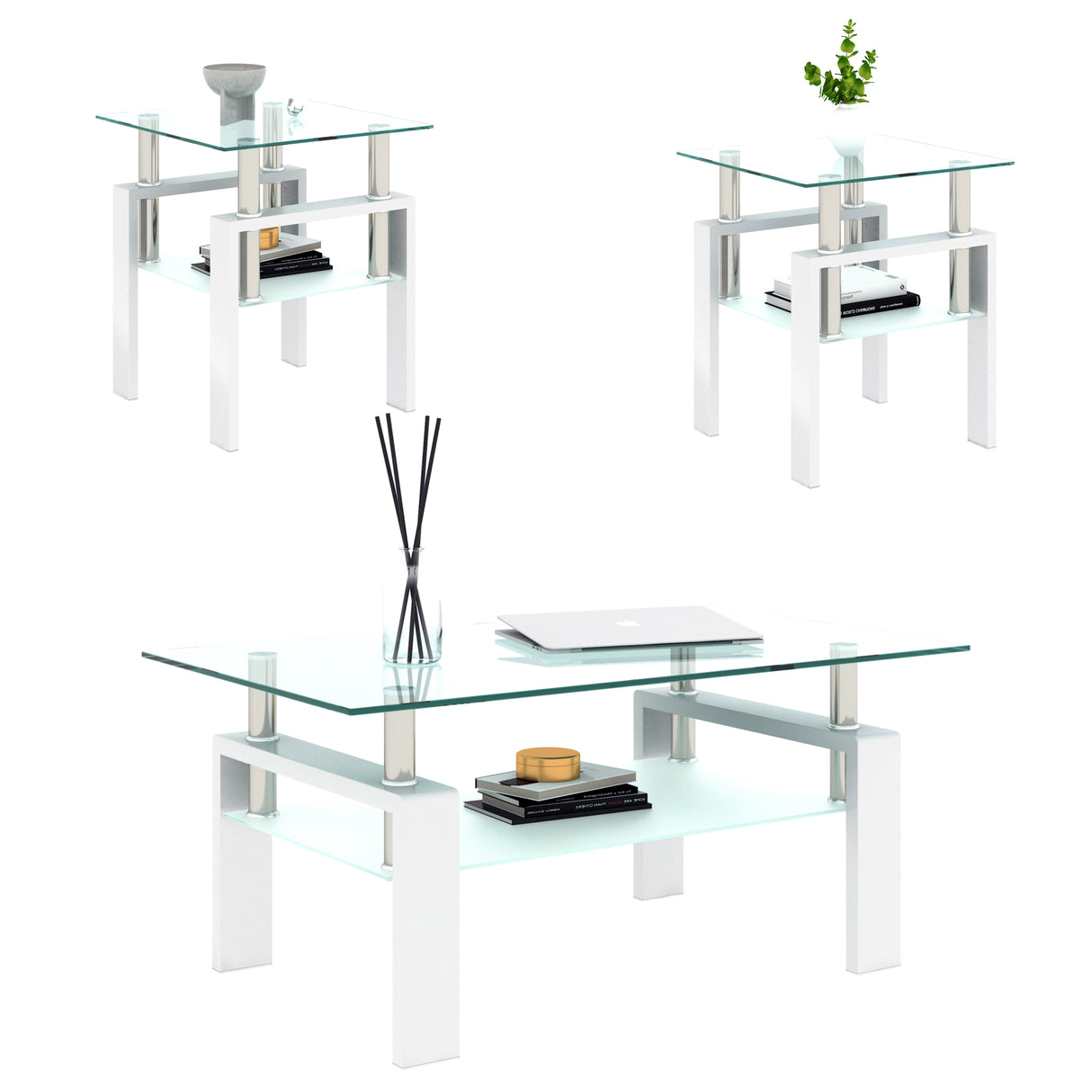 Set of 2, Modern Tempered Glass Tea Table Coffee Table End Table, Square Table for Living Room, Transparent/White - V.I.P Digital Presence