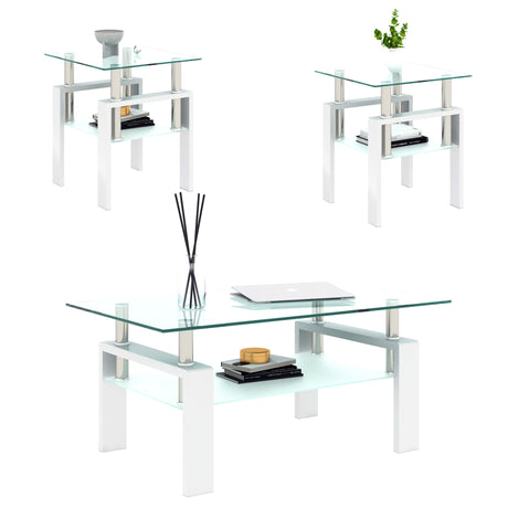 Set of 2, Modern Tempered Glass Tea Table Coffee Table End Table, Square Table for Living Room, Transparent/White - V.I.P Digital Presence