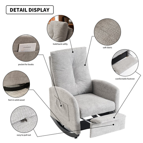 Accent Rocking Chair with Footrest High Back Rubber Wood Rocking Legs Bedroom Living Space - V.I.P Digital Presence