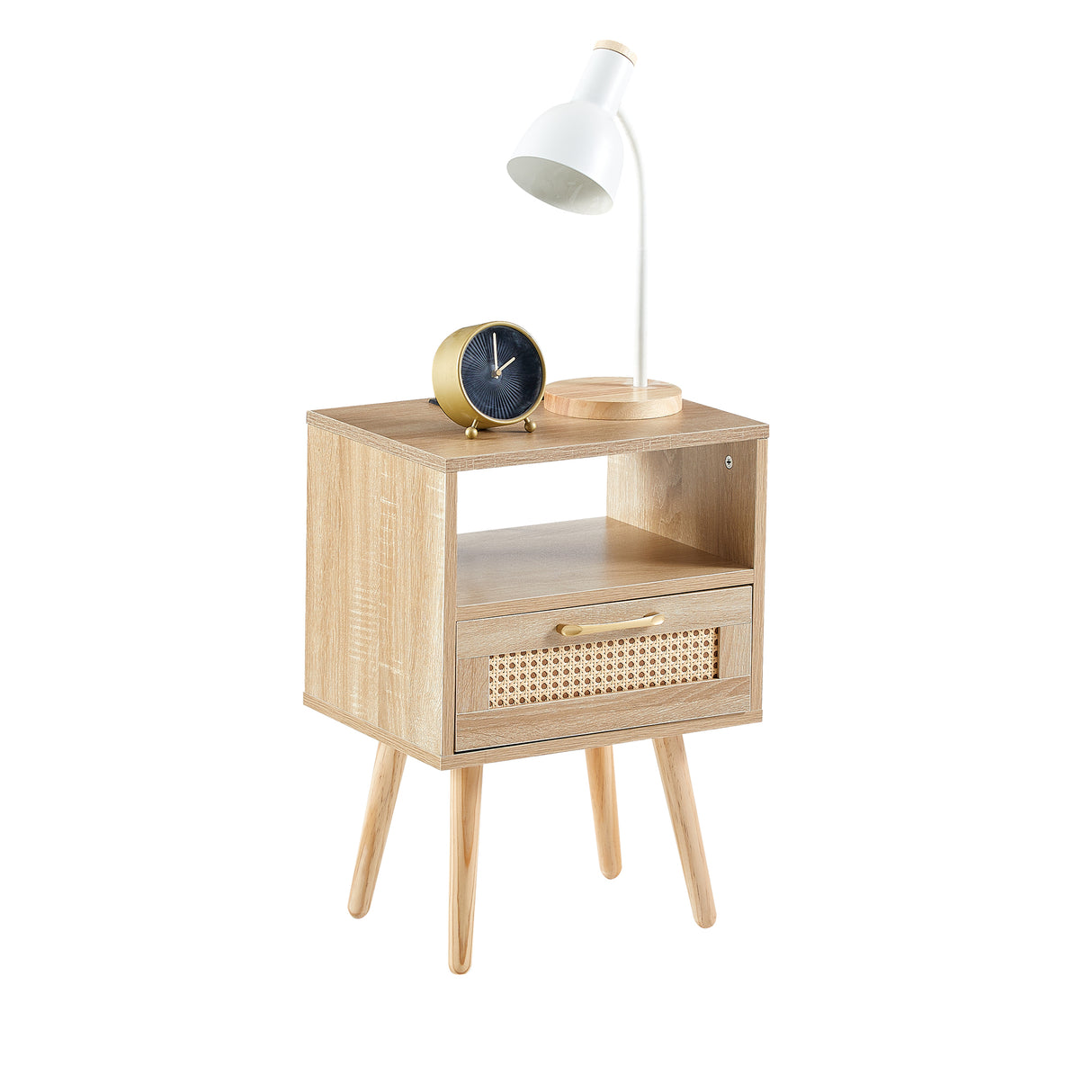 15.75" Rattan End table with Power Outlet & USB Ports  Modern nightstand with drawer and solid wood legs - V.I.P Digital Presence