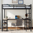 Full metal loft bed with desk and shelf, loft bed with ladder and guardrail, bedroom loft bed frame, black - V.I.P Digital Presence