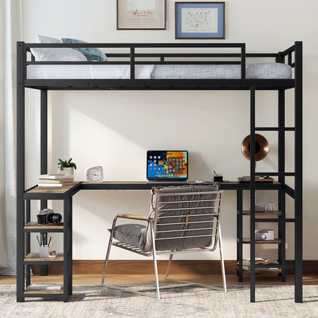 Full metal loft bed with desk and shelf, loft bed with ladder and guardrail, bedroom loft bed frame, black - V.I.P Digital Presence