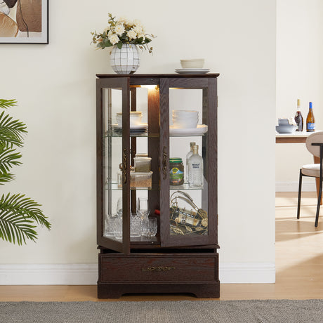 Light colored glass cabinet with adjustable glass frame Curio display cabinet, 2 doors and 1 drawer light bulb cherry color - V.I.P Digital Presence