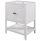 24" White Modern Sleek Bathroom Vanity Elegant Ceramic Sink with Solid Wood Frame Open Style Shelf - V.I.P Digital Presence