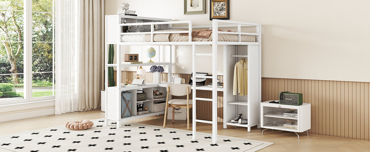 Metal loft bed with wardrobe and L-shaped desk, full-size loft bed with storage cabinet and shelf, white - V.I.P Digital Presence