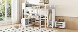 Metal loft bed with wardrobe and L-shaped desk, full-size loft bed with storage cabinet and shelf, white - V.I.P Digital Presence