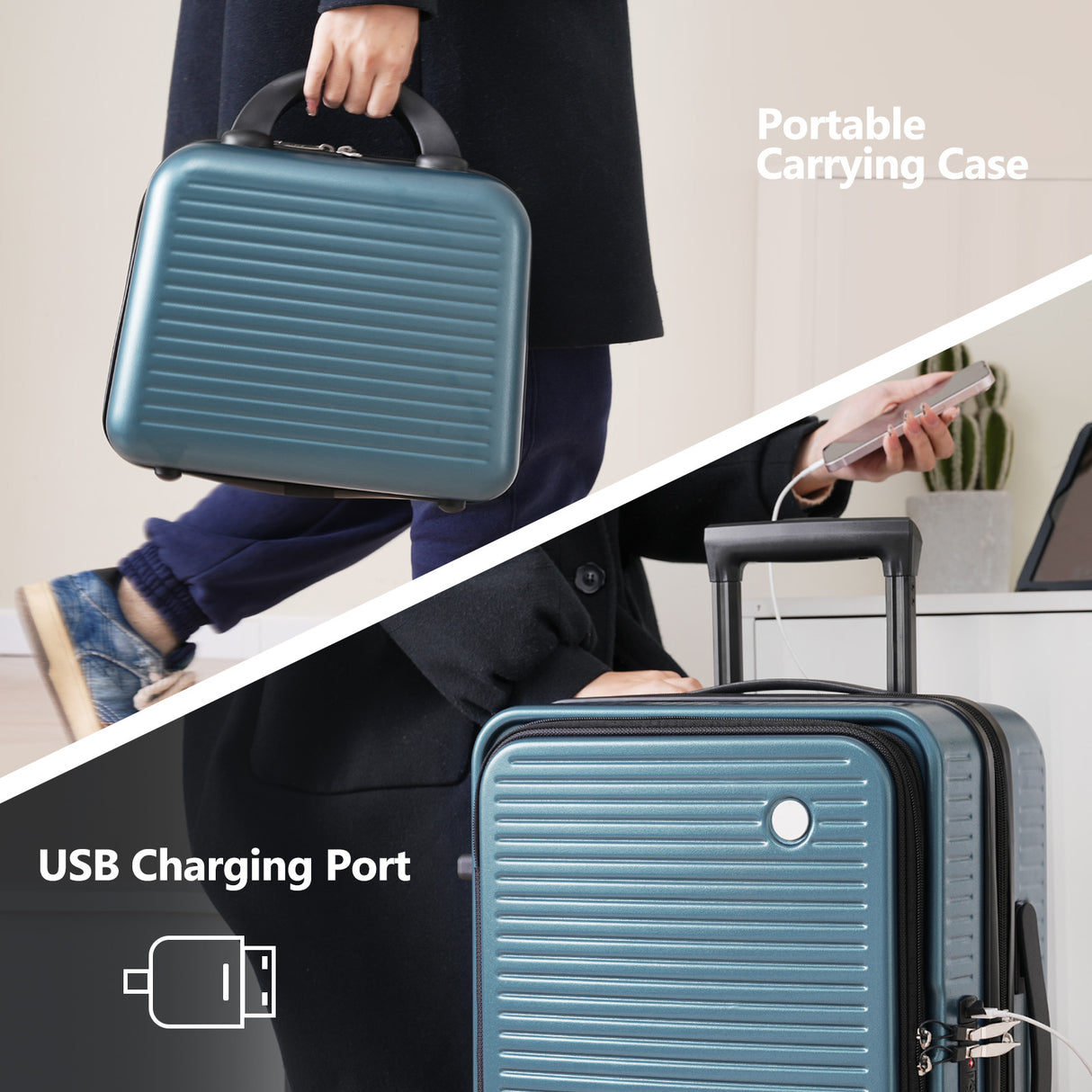 Carry-on Luggage 20 Inch Front Open Luggage Lightweight Suitcase with Front Pocket and USB Port, 1 Portable Carrying Case  Blue