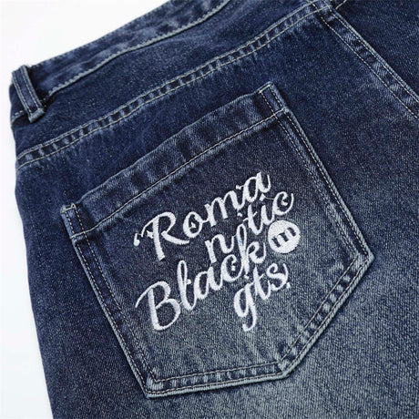 Street Design Floral Embroidered Denim Wide-Leg Long Pants Men's Vibe Trendy Washed Distressed Straight Leg Trousers - V.I.P Digital Presence