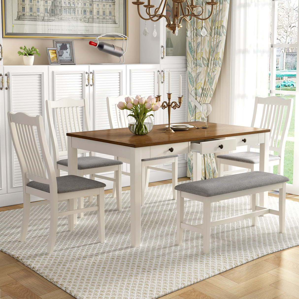 TOPMAX Mid-Century 6-Piece Wood Dining Table Set, Kitchen Table Set with Drawer  Upholstered Chairs and Bench  Butter Milk