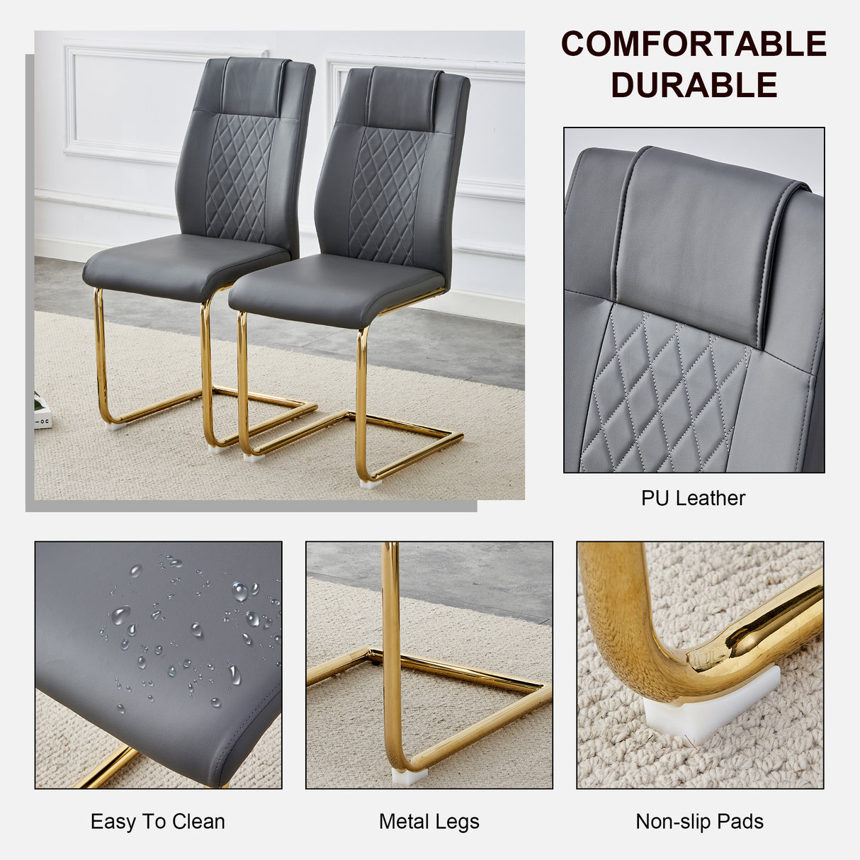 Comes with faux leather cushioned seats living room chairs with metal legs (gray+PU leather)