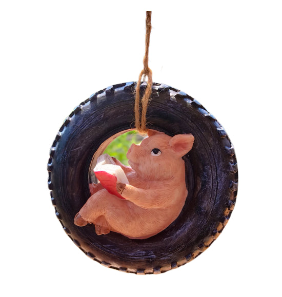 Cute Piggy Reading Tire Courtyard Garden Outdoor Hanger - V.I.P Digital Presence