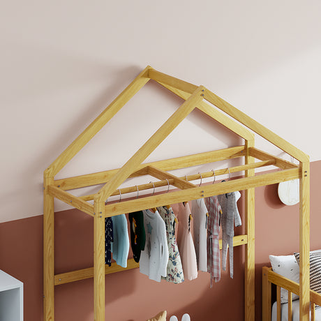 Wooden Full Size Children's Bed with Detachable Headboard and Integrated Clothes Drying Rack, Natural - V.I.P Digital Presence