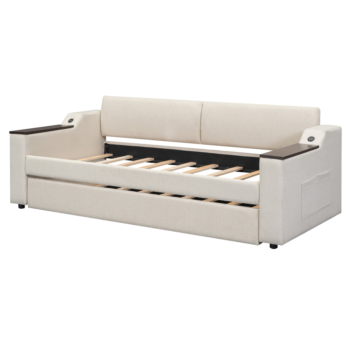 Twin Size Upholstery Daybed with Storage Arms  Trundle and USB Design Beige