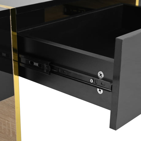 ON-TRANS 47.2 inch x 31.4 inch multifunctional rectangular sofa table with 2 drawers and gold wood grain leg center table, black - V.I.P Digital Presence
