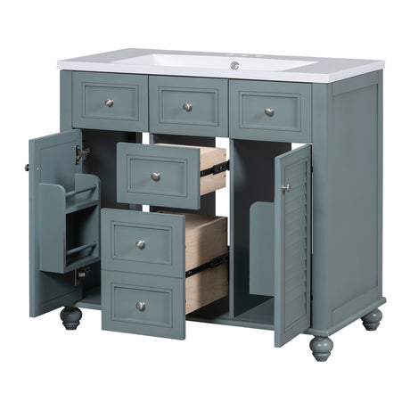 36 "bathroom makeup cabinet with resin sink combination and 2 drawers, with soft closing door, blue color - V.I.P Digital Presence