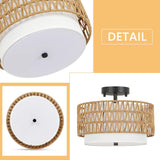 3-Light Semi Flush Mount Ceiling Light Fixture, Boho Rattan Light Fixtures Ceiling, Farmhouse Drum Light with Fabric Shade - V.I.P Digital Presence