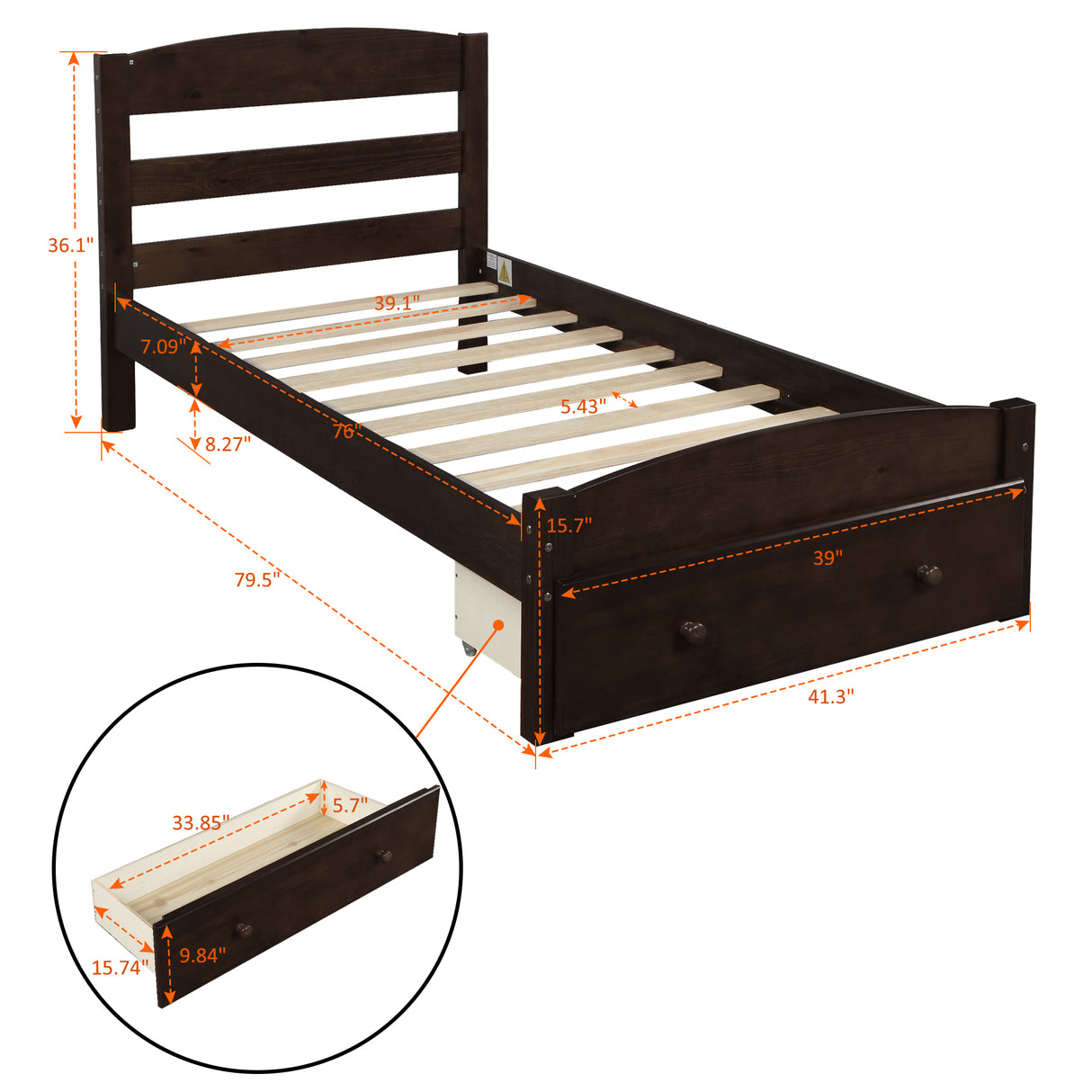 Platform Twin Bed Frame with Storage Drawer and Wood Slat Support No Box Spring Needed Espresso - V.I.P Digital Presence