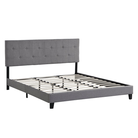 King Size Upholstered Platform Bed Frame with Button Tufted Linen Fabric Headboard Gray - V.I.P Digital Presence