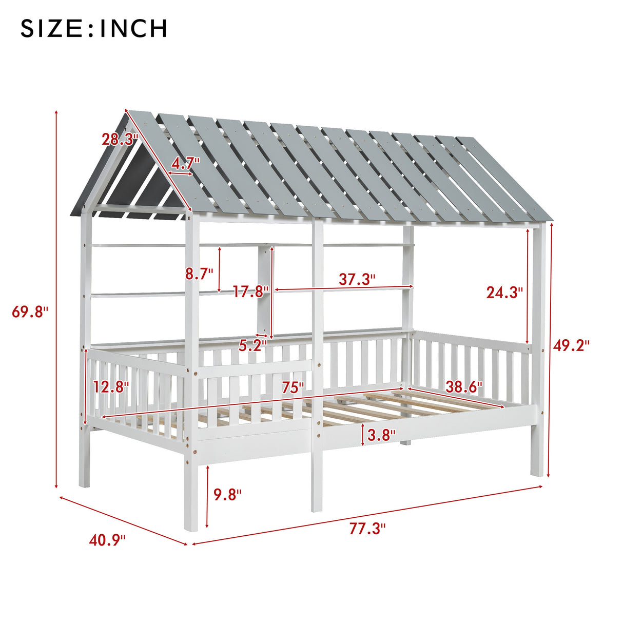 Wood Twin Size House Bed with Roof, Guardrail and Shelves, White - V.I.P Digital Presence