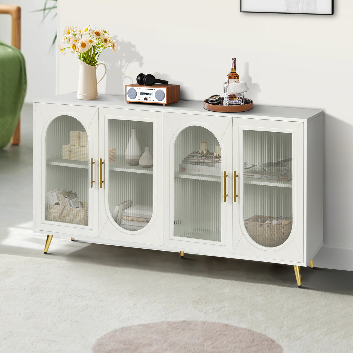 TV Stand for 65+ Inch TV, Wood TV Stand with Storage Cabinet & Adjustable Shelves, Media TV Console for Living Room Bedroom