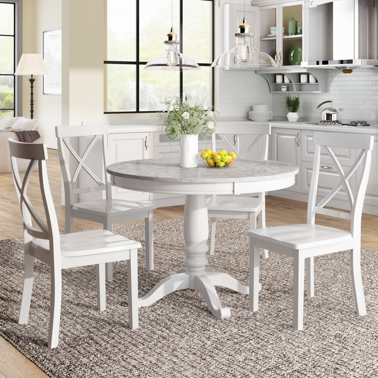 Orisfur 5 Pieces Dining Table and Chairs Set for 4 Persons Kitchen Room Solid Wood Table with 4 Chairs MDF + White + Solid Wood