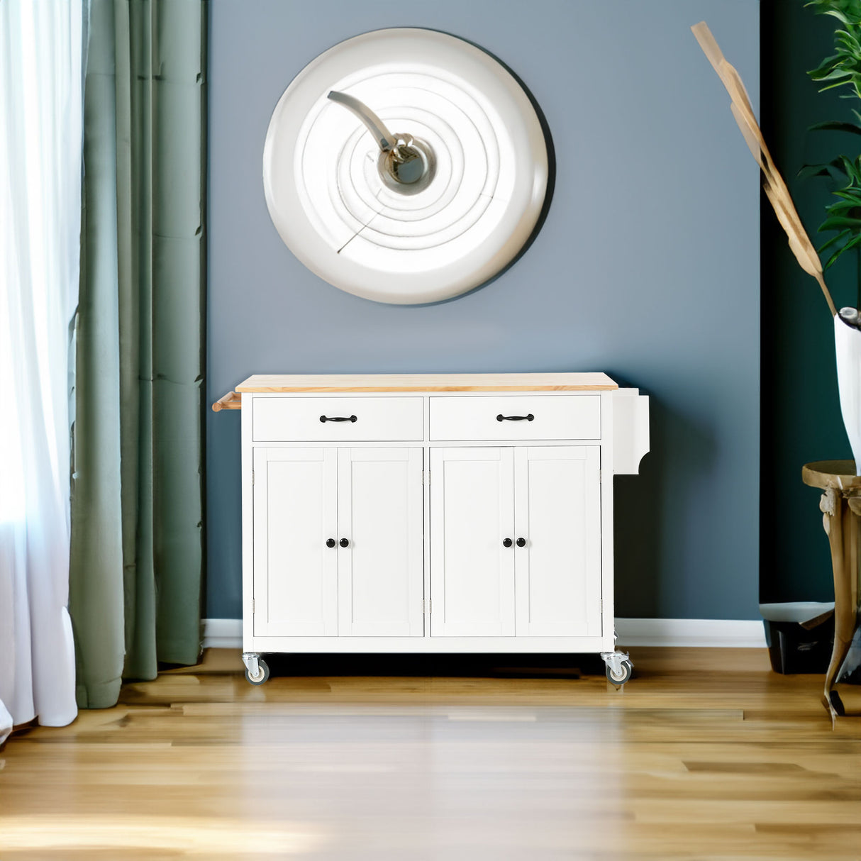 Kitchen Island Cart with Solid Wood Top and Locking Wheels 54.3 Inch Width  (White)