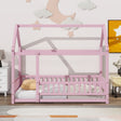 Twin Size Floor Wooden Bed with House Roof Frame, Fence Guardrails,Pink - V.I.P Digital Presence