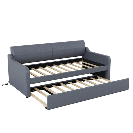 Twin Size Upholstery DayBed with Trundle and USB Charging Design Trundle can be flat or erected Gray - V.I.P Digital Presence