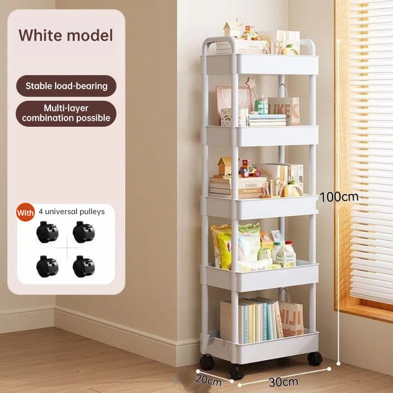 White rolling storage cart. Multifunctional, open shelves for books, ideal for kitchen & bedroom storage - V.I.P Digital Presence