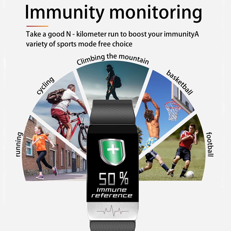 Reloj inteligente T1 con control de temperatura, inmunidad, ECG, frecuencia cardíaca, monitor de presión arterial, pronóstico del tiempo y recordatorio de bebidas. 