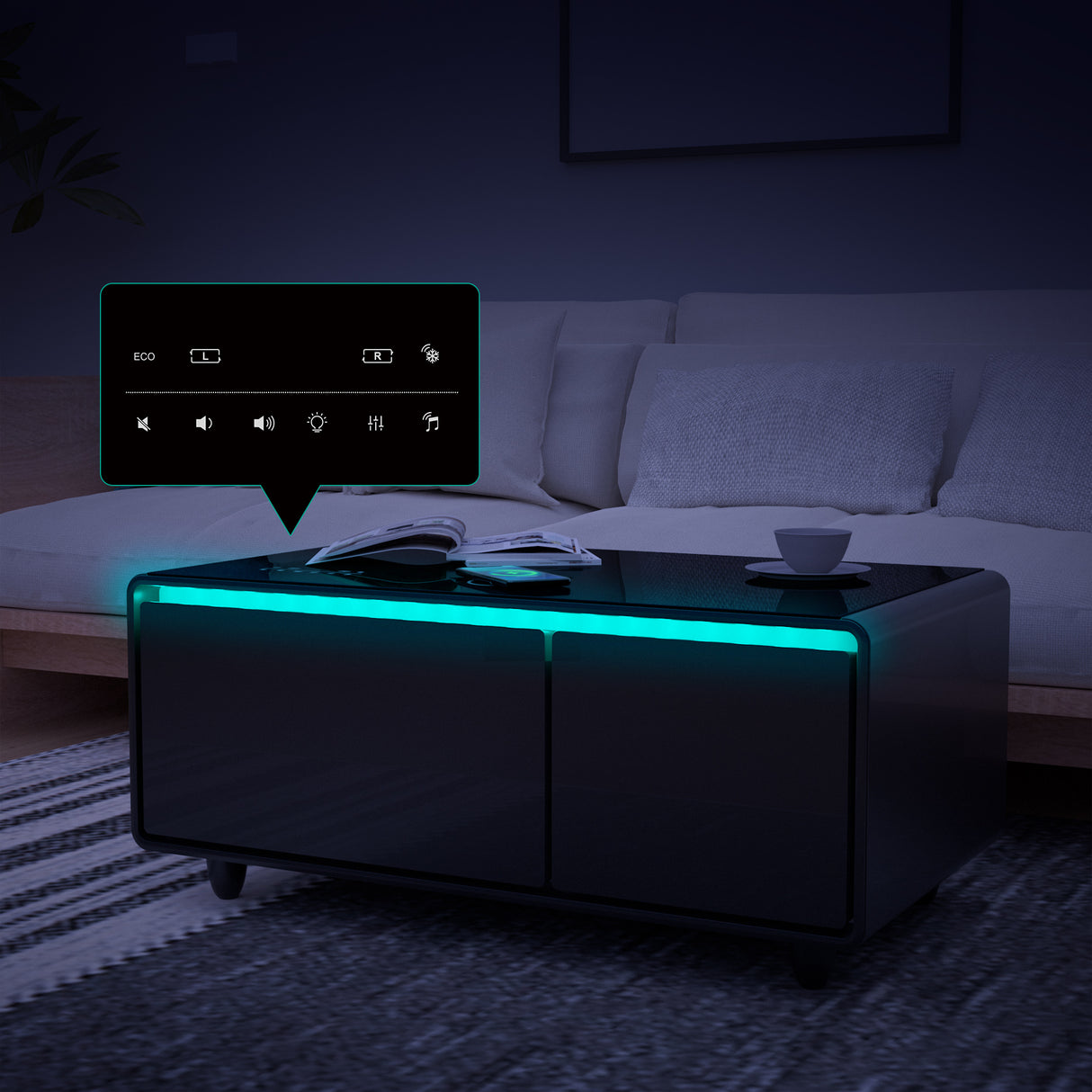 Modern Smart Coffee Table with Built-in Fridge, Bluetooth Speaker, Wireless Charging, Touch Control Panel, USB Interface Black - V.I.P Digital Presence