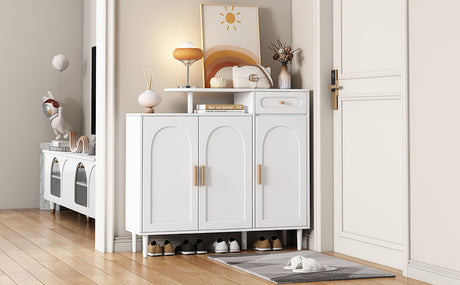 ON-TRANS Elegant Shoe Cabinet with Arched Doors and Drawers, Storage Side Panels, Adjustable Shelves and Solid Wood Legs, White - V.I.P Digital Presence