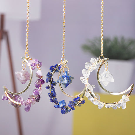 Natural crystal broken stone moon pendant Melkaba DIY woven wind chime pendant decoration crystal ornament gift - V.I.P Digital Presence