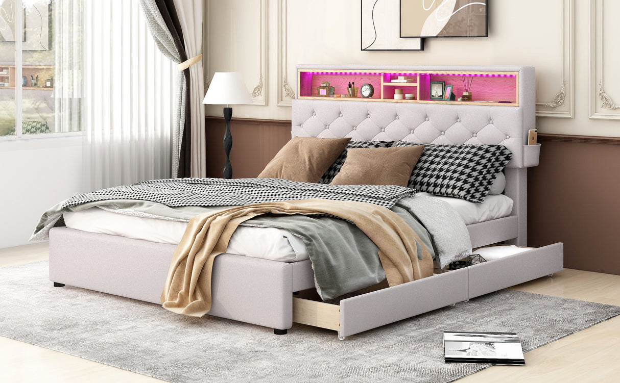 Queen Size Upholstered Platform Bed with Storage Headboard  LED  USB Charging and 2 Drawers  Beige