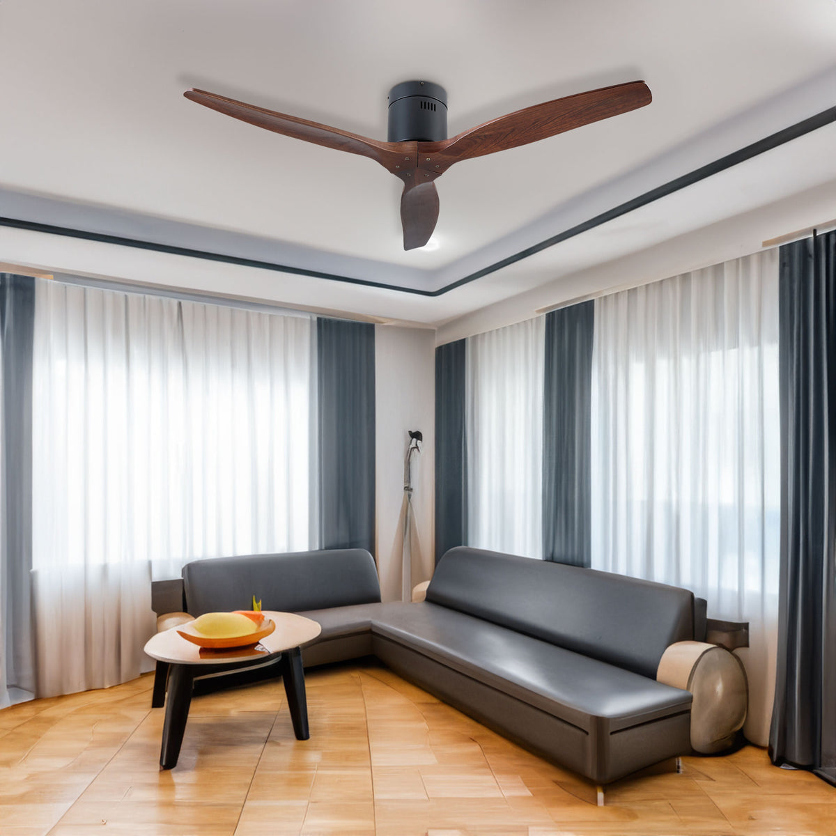 52" YUHAO Farmhouse Rustic Ceiling Fan without Light - Matte Black with Solid Wood Blade - V.I.P Digital Presence