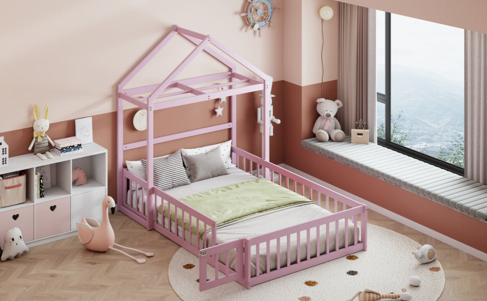 Wooden Full Size Children's Bed with Detachable Headboard and Integrated Clothes Drying Rack, Pink - V.I.P Digital Presence