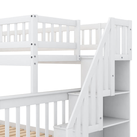 Twin over Full Bunk Bed with Trundle and Staircase White - V.I.P Digital Presence