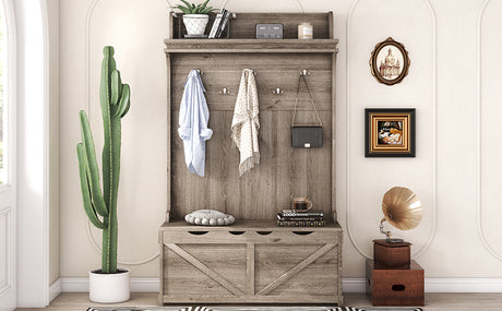 Hall tree with storage desk, entrance desk with drawers and 5 hooks, display rack,Oak - V.I.P Digital Presence