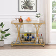 Golden Bar Cart with Wine Rack Tempered Glass Metal Frame Wine Storage - V.I.P Digital Presence