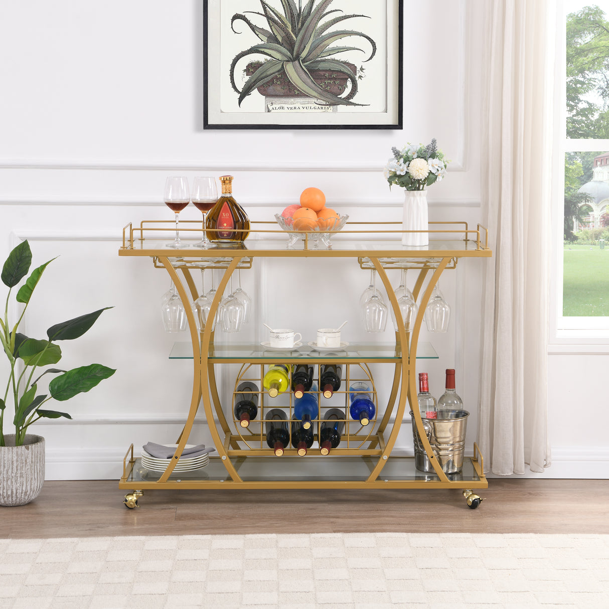 Golden Bar Cart with Wine Rack Tempered Glass Metal Frame Wine Storage - V.I.P Digital Presence