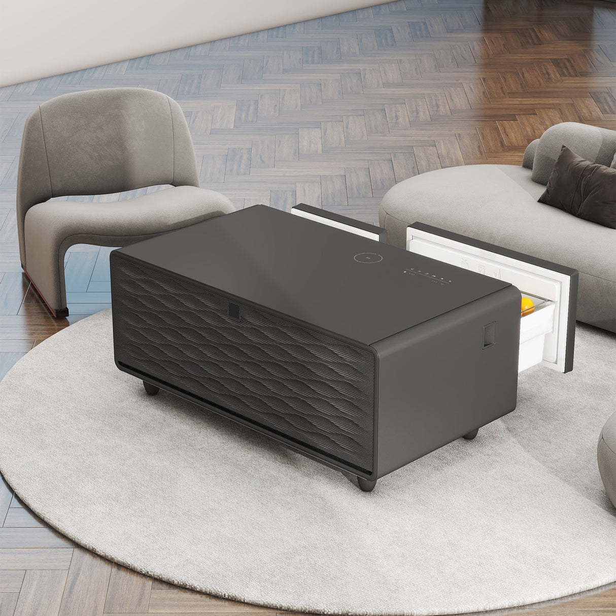 Modern Smart Coffee Table with Built-in Fridge, Bluetooth Speaker, Wireless Charging, Touch Control Panel, USB Interface Black - V.I.P Digital Presence