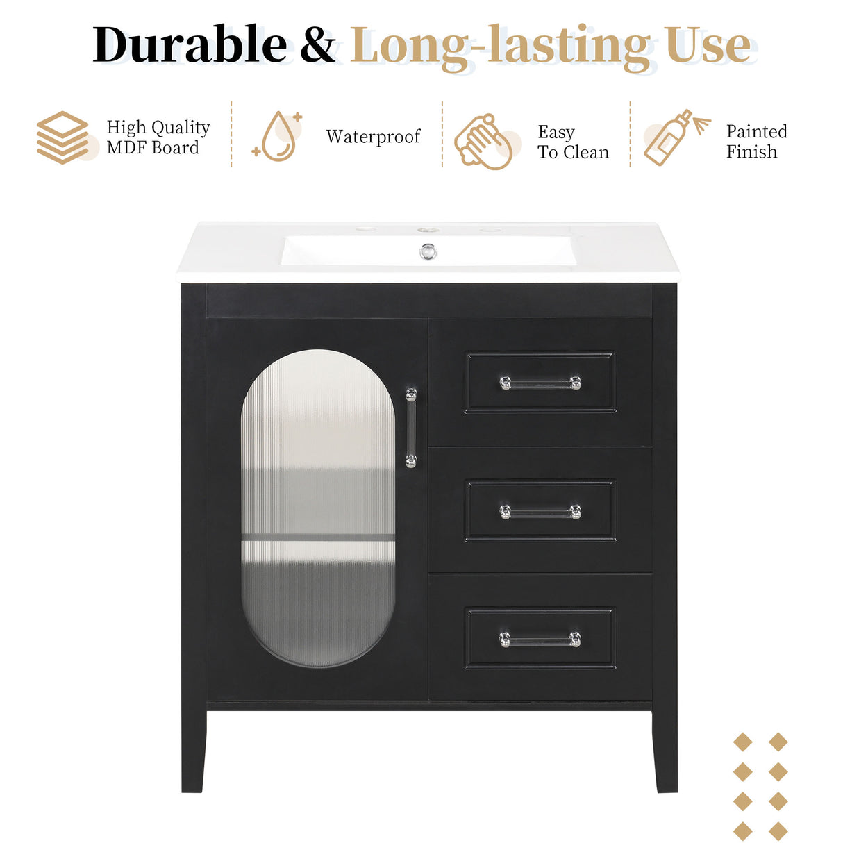 30" Bathroom Vanity with Sink, Bathroom Vanity Cabinet with Two Drawers and Door, Adjustable Shelf, Solid Wood and MDF, Black - V.I.P Digital Presence